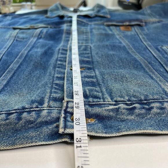 Carhartt Men Trucker Jacket Logo Patch Lined Blue Denim Distressed Size 3XL Tall - Picture 11 of 14